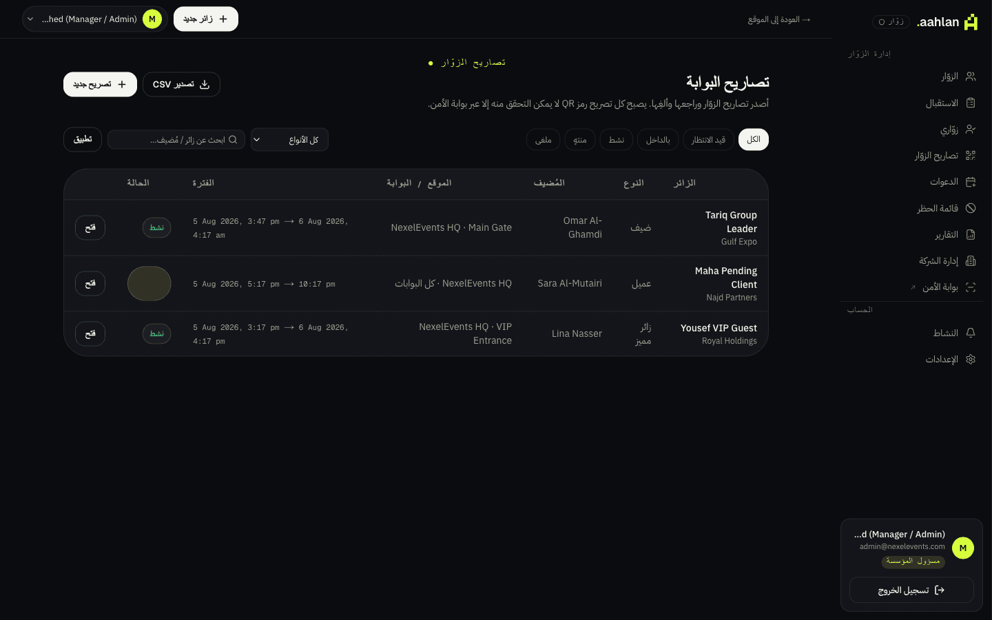 قائمة تصاريح الزوار في نظام أهلاً مع تبويبات الحالة وصفوف التصاريح